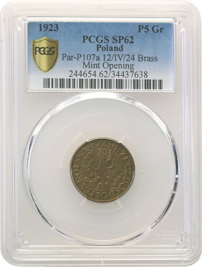 II RP. PRÓBA mosiądz 5 groszy 1923 12.IV. SW 24 PCGS SP63 (2 MAX)